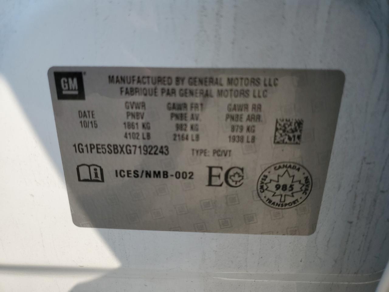 2016 Chevrolet Cruze Limited Lt VIN: 1G1PE5SBXG7192243 Lot: 65080195