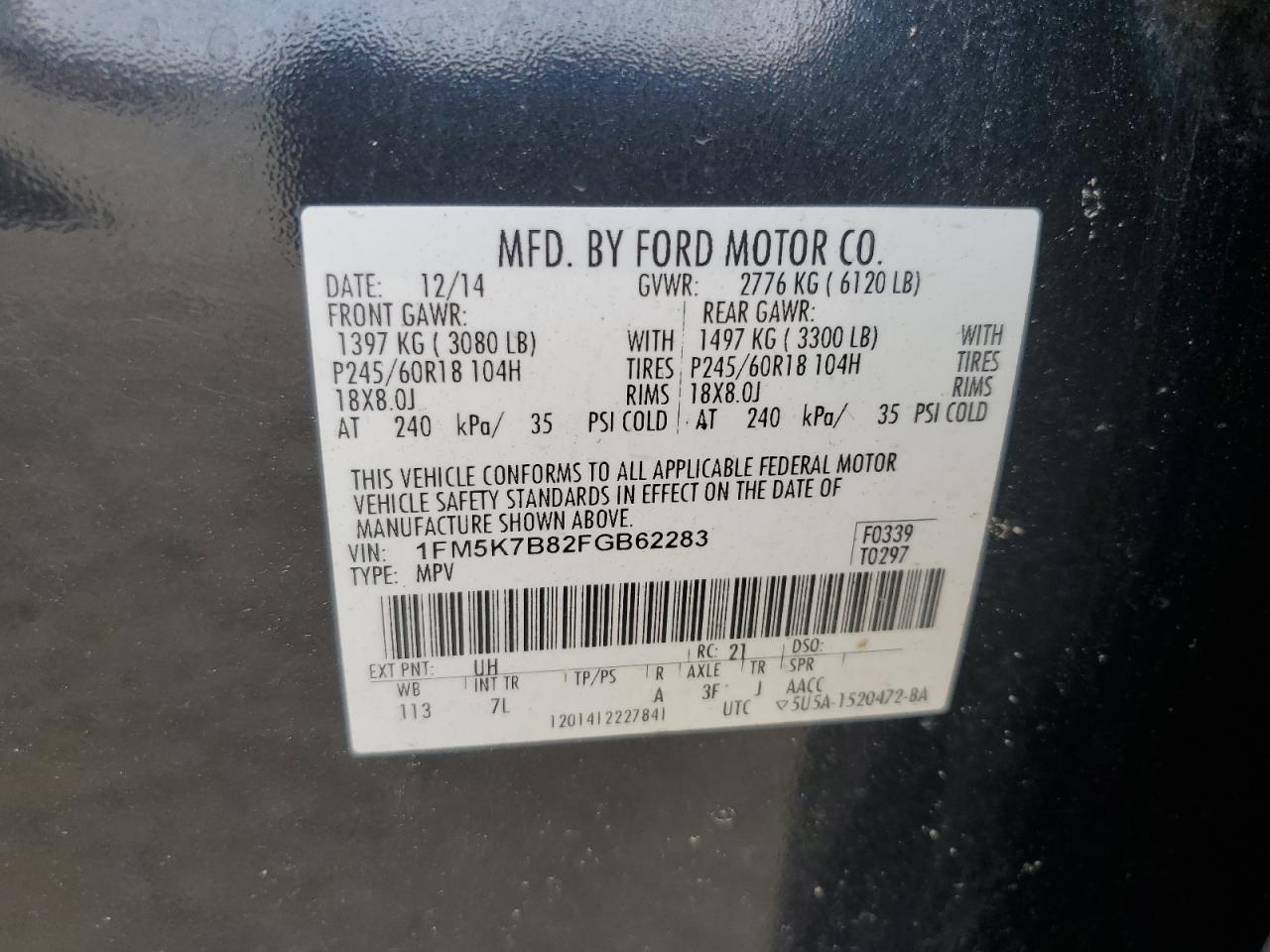 2015 Ford Explorer VIN: 1FM5K7B82FGB62283 Lot: 69342295