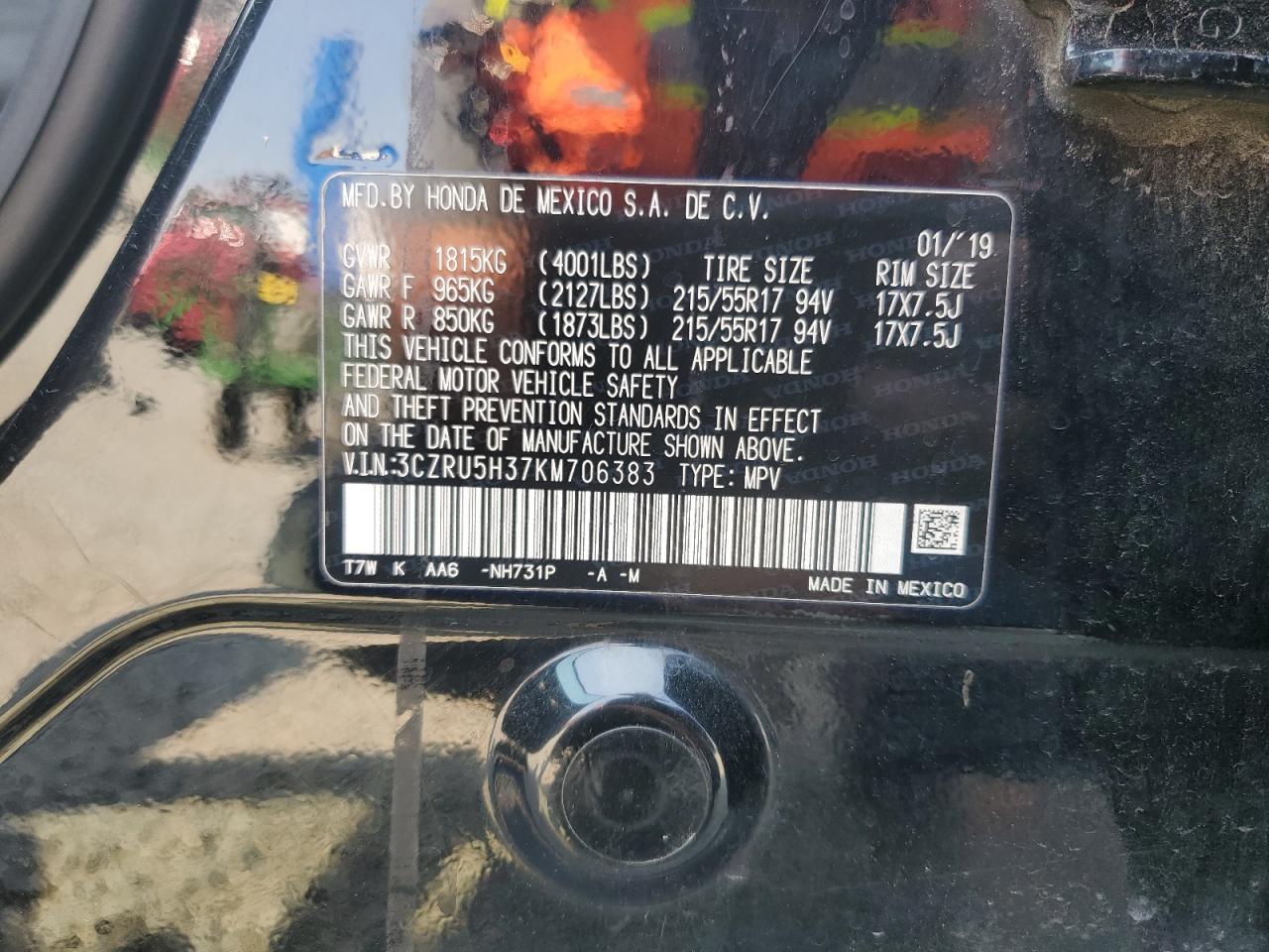 2019 Honda Hr-V Lx VIN: 3CZRU5H37KM706383 Lot: 70218285