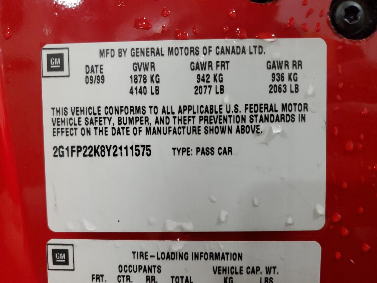 2000 Chevrolet Camaro VIN: 2G1FP22K8Y2111575 Lot: 68168135