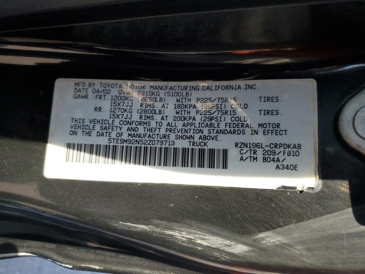 2002 Toyota Tacoma Xtracab Prerunner VIN: 5TESM92N52Z079713 Lot: 67777265