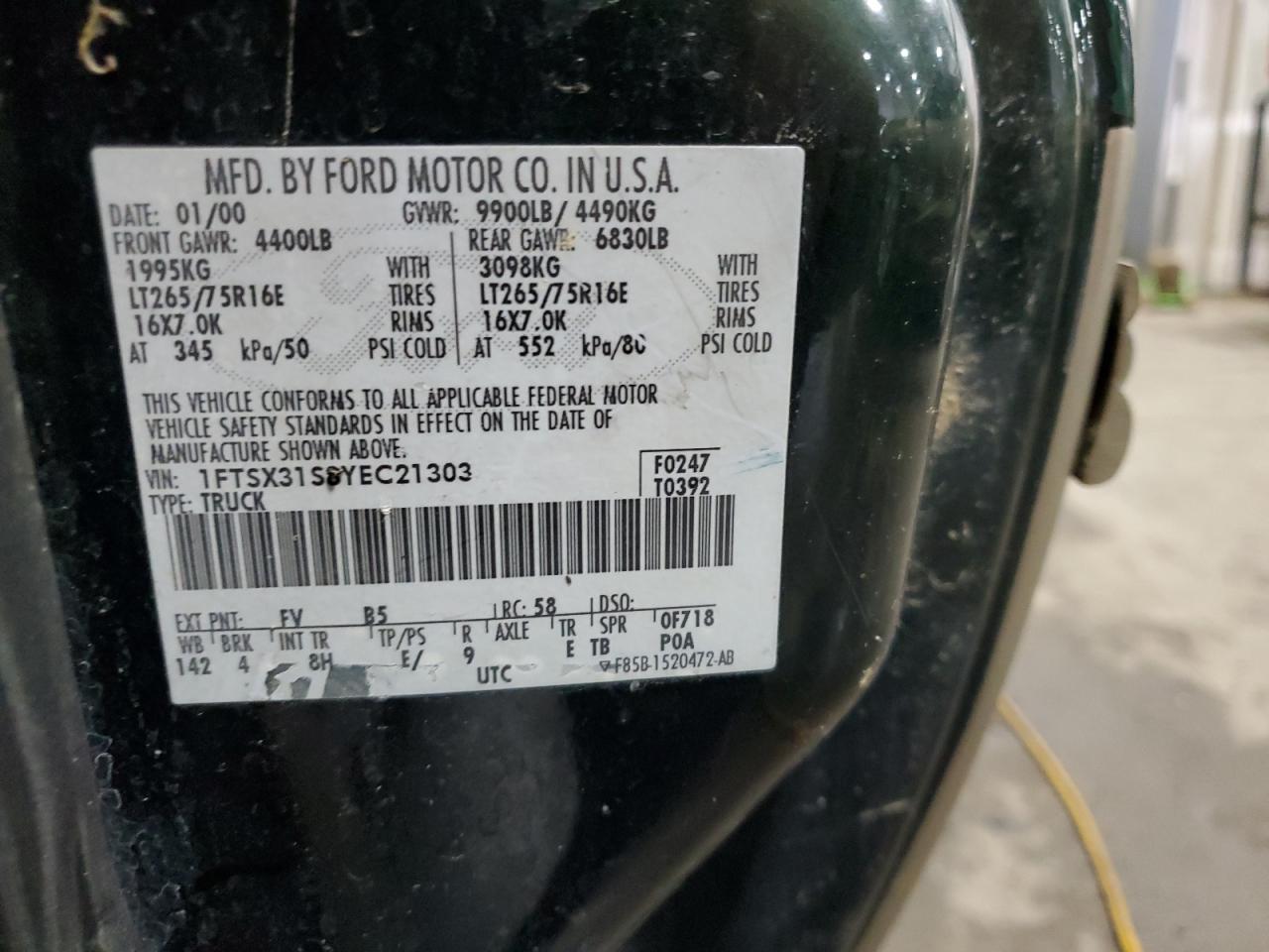 2000 Ford F350 Srw Super Duty VIN: 1FTSX31S8YEC21303 Lot: 66925735