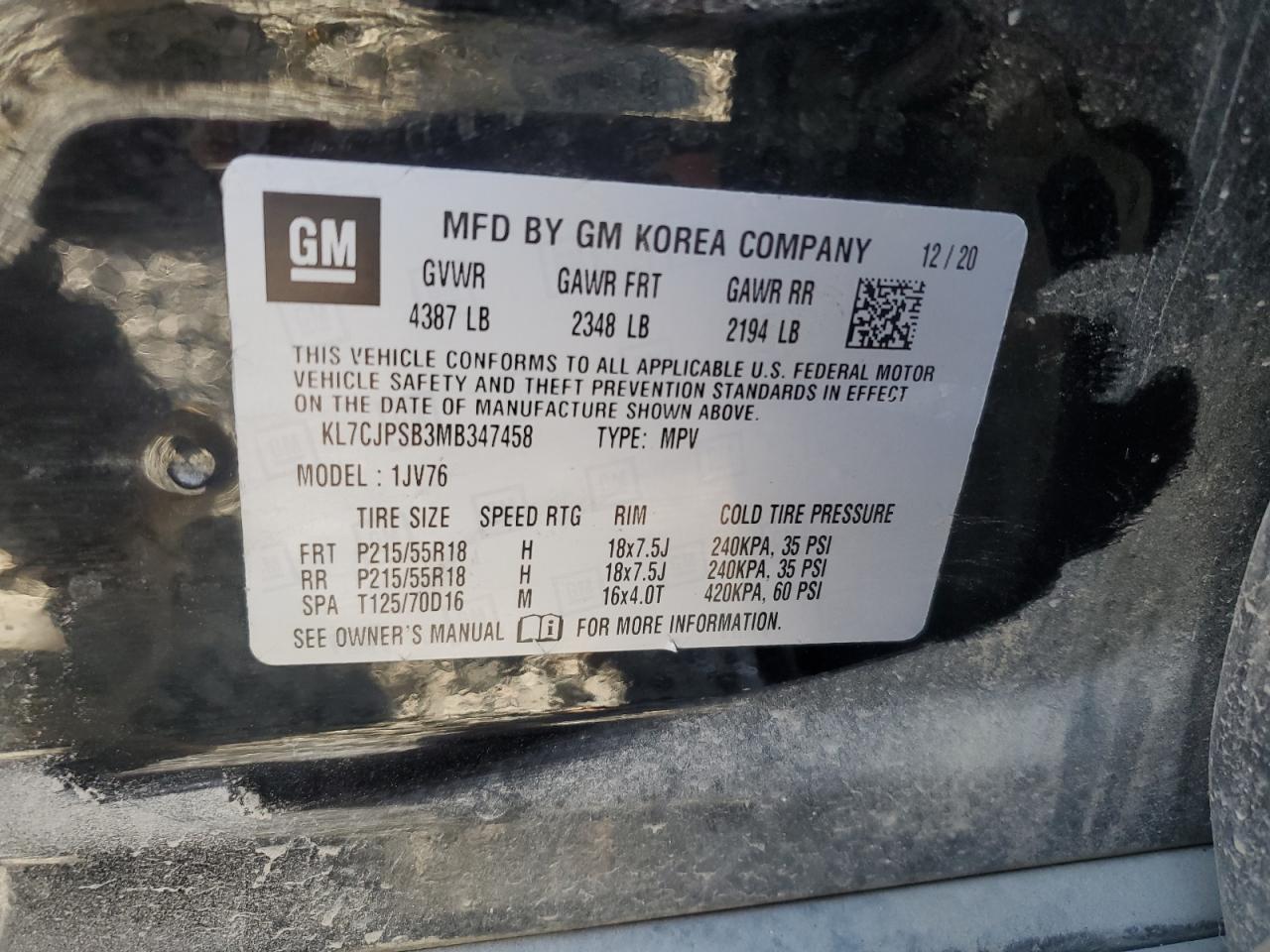 2021 Chevrolet Trax 1Lt VIN: KL7CJPSB3MB347458 Lot: 70629535