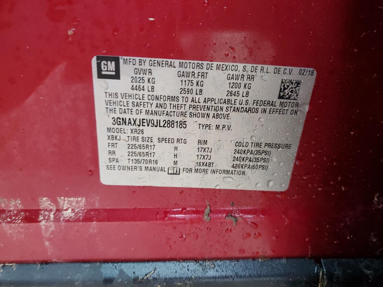 2018 Chevrolet Equinox Lt VIN: 3GNAXJEV9JL288185 Lot: 69049395