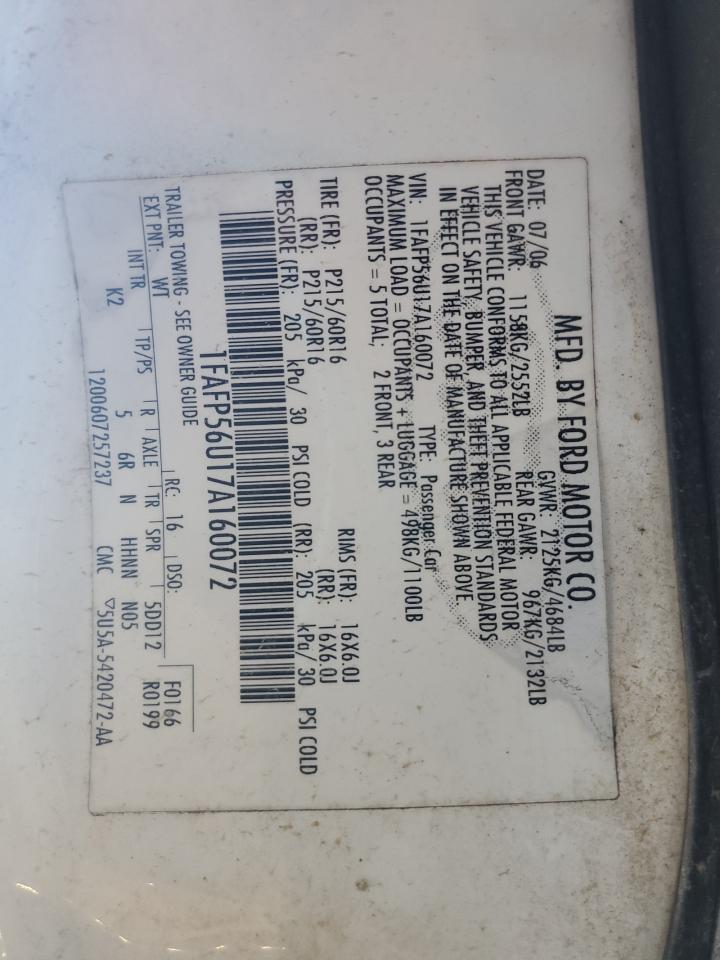 2007 Ford Taurus Sel VIN: 1FAFP56U17A160072 Lot: 69209565