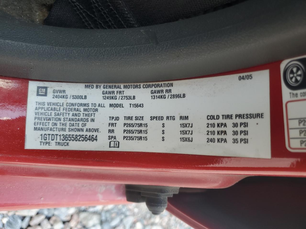 2005 GMC Canyon VIN: 1GTDT136558256464 Lot: 68855395