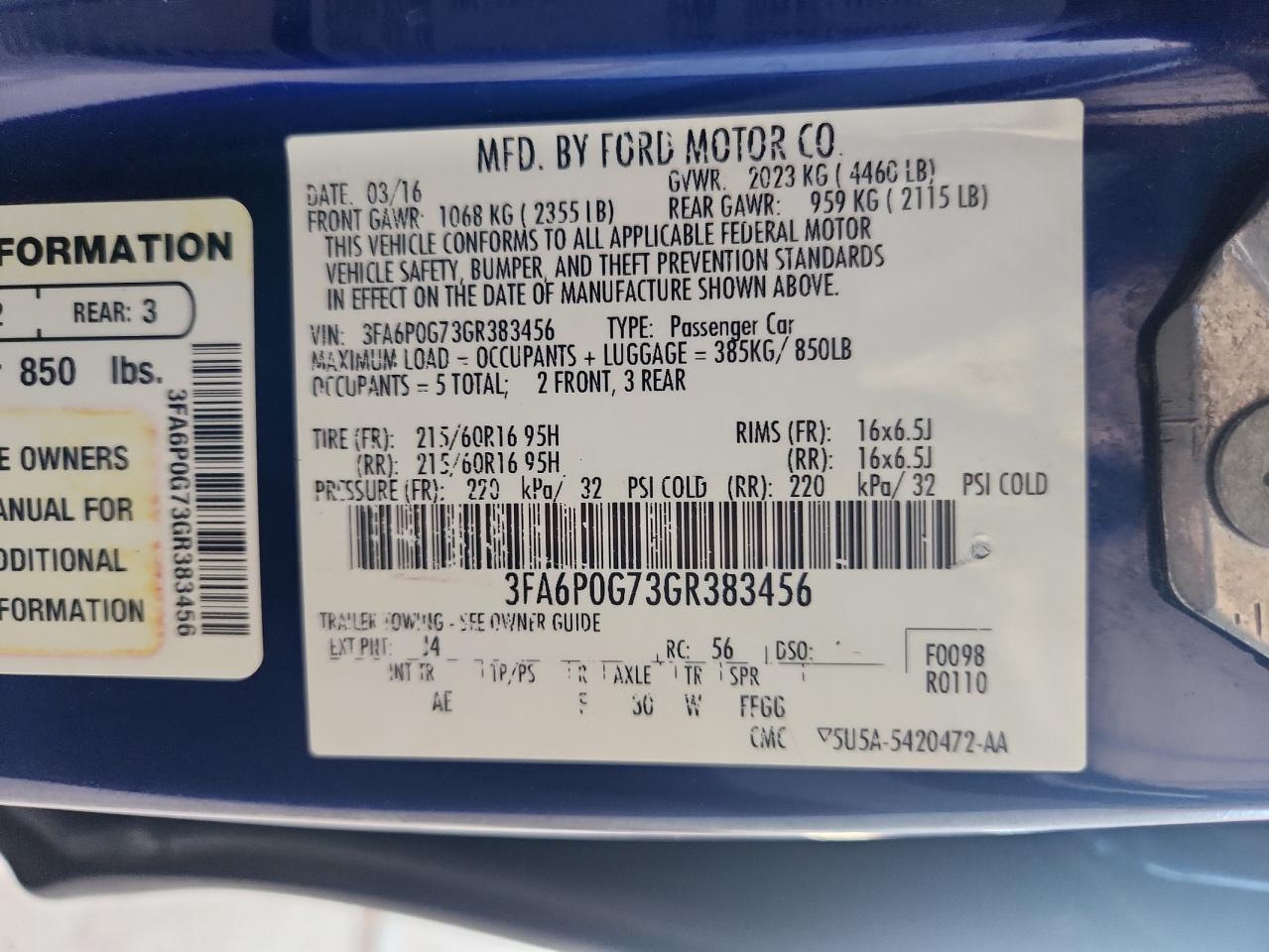 2016 Ford Fusion S VIN: 3FA6P0G73GR383456 Lot: 69931165