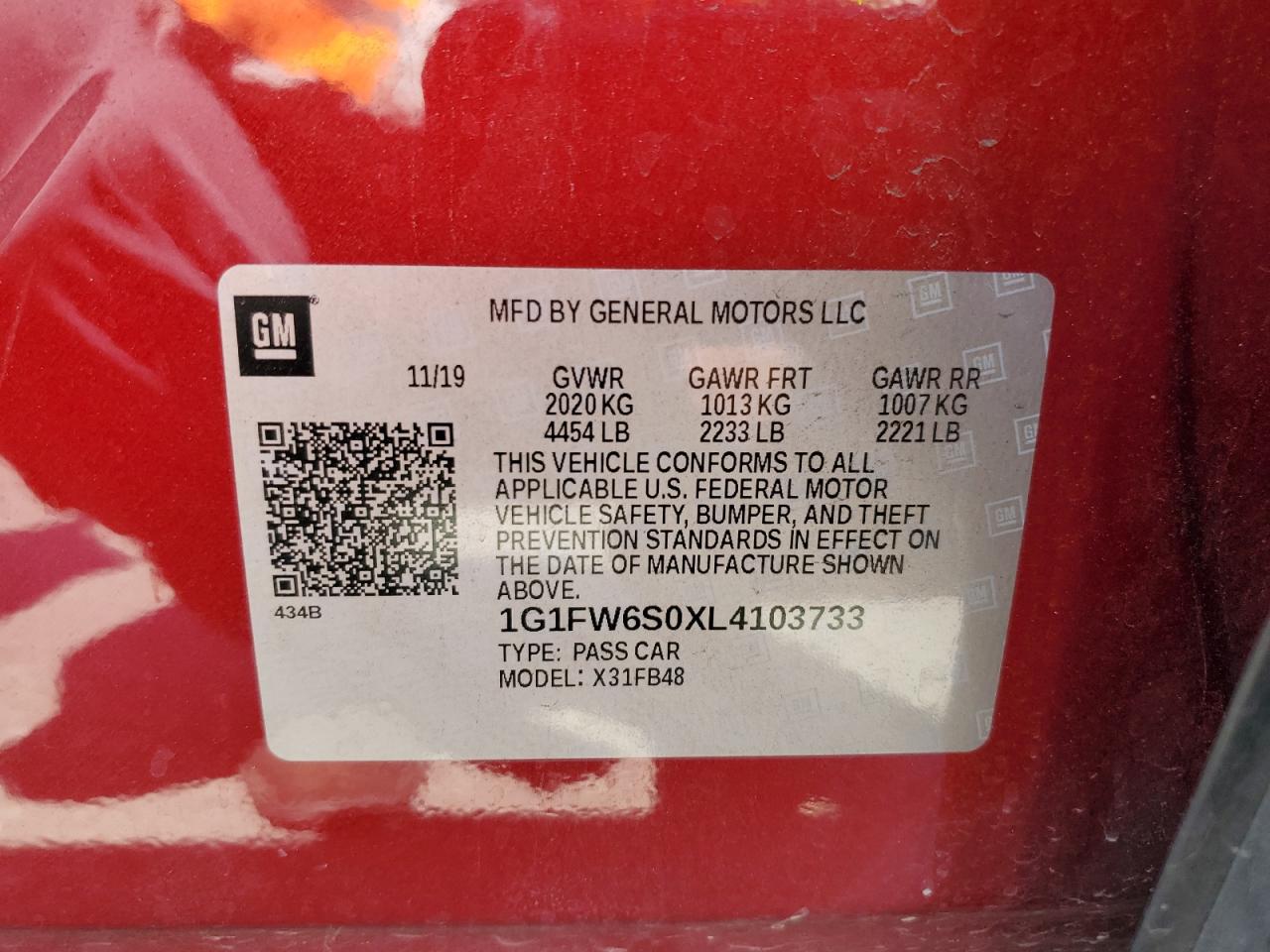 2020 Chevrolet Bolt Ev Lt VIN: 1G1FW6S0XL4103733 Lot: 70064755