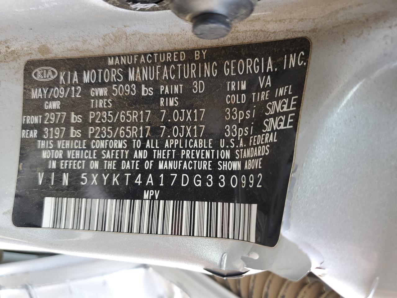 2022 Kia Sorento Lx VIN: 5XYKT4A17DG330992 Lot: 69856465