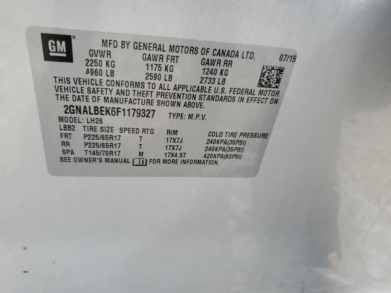 2015 Chevrolet Equinox Lt VIN: 2GNALBEK6F1179327 Lot: 68961065