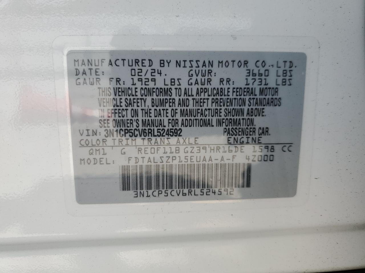 2024 Nissan Kicks Sv VIN: 3N1CP5CV6RL524592 Lot: 69653055