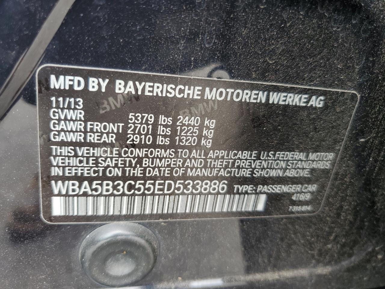 2014 BMW 535 Xi VIN: WBA5B3C55ED533886 Lot: 68926495