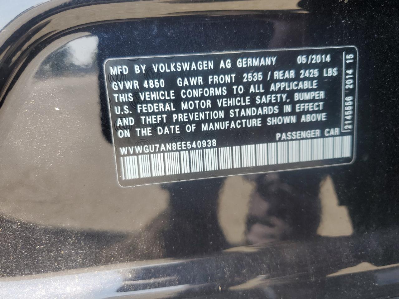 2014 Volkswagen Cc Vr6 4Motion VIN: WVWGU7AN8EE540938 Lot: 68587985