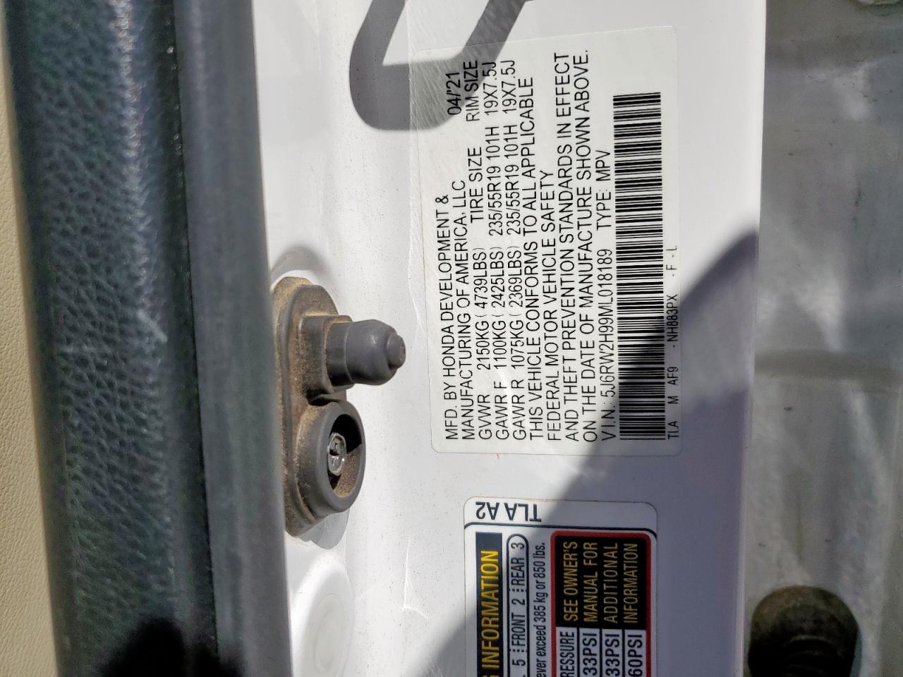 2021 Honda Cr-V Touring VIN: 5J6RW2H99ML018189 Lot: 69865465