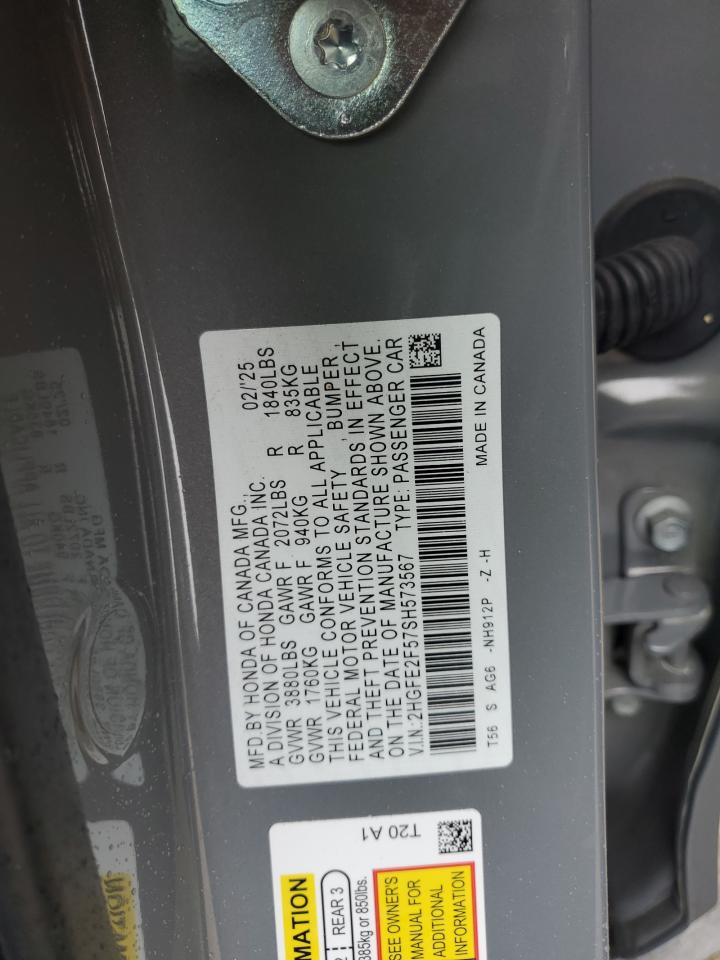 2025 Honda Civic Sport VIN: 2HGFE2F57SH573567 Lot: 69503045