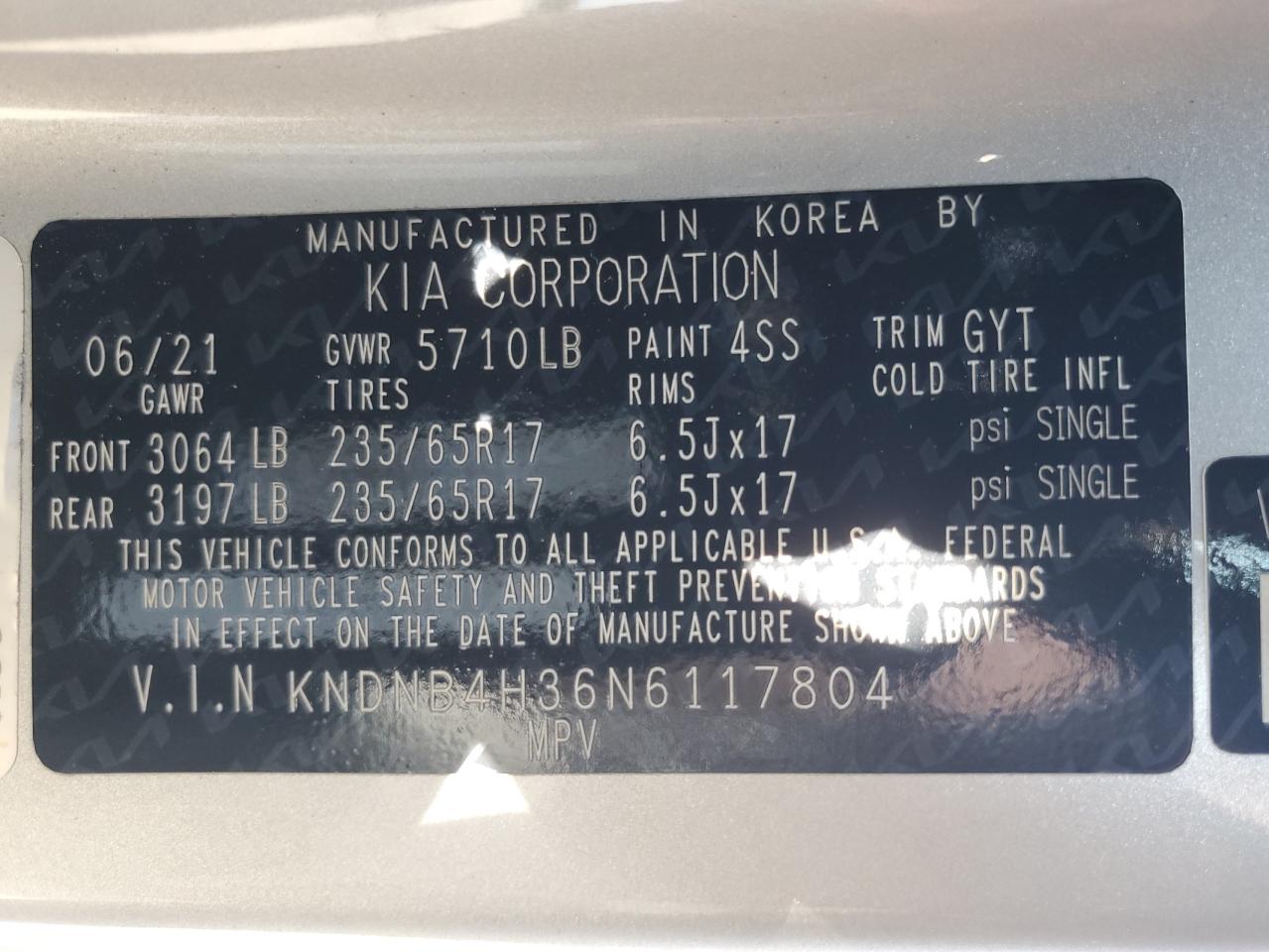 2022 Kia Carnival Lx VIN: KNDNB4H36N6117804 Lot: 68737685