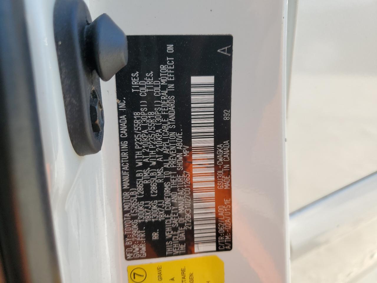 2007 Lexus Rx 350 VIN: 2T2GK31U27C012657 Lot: 67683155