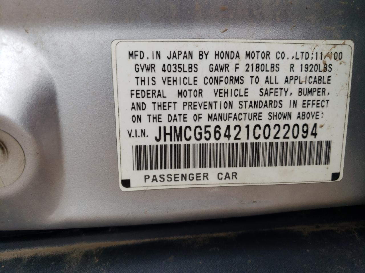 2001 Honda Accord Lx VIN: JHMCG56421C022094 Lot: 69450585