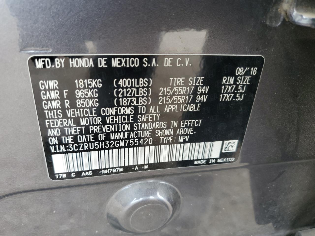 2016 Honda Hr-V Lx VIN: 3CZRU5H32GM755420 Lot: 68708605