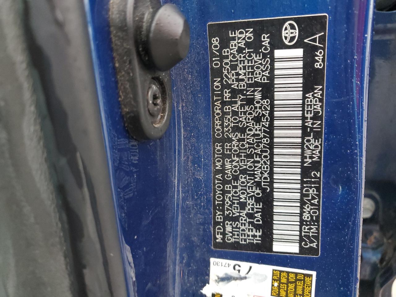 2008 Toyota Prius VIN: JTDKB20U787745428 Lot: 68149685