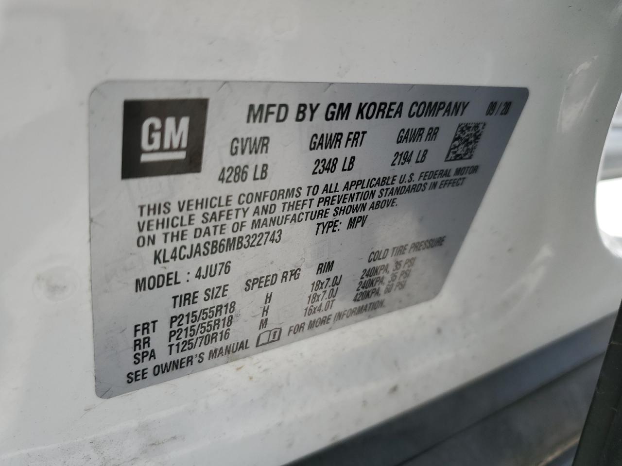 2021 Buick Encore Preferred VIN: KL4CJASB6MB322743 Lot: 70483395