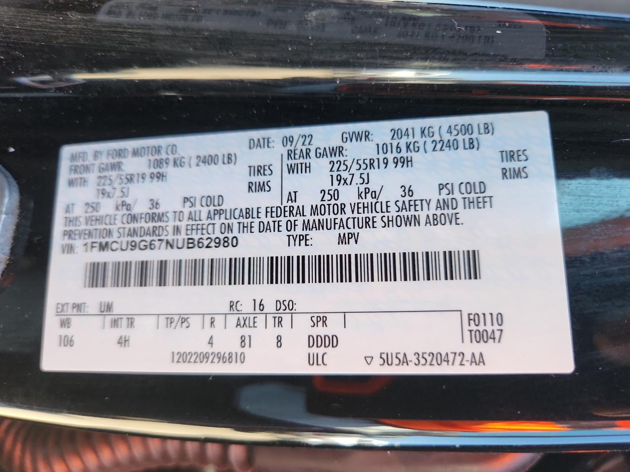 2022 Ford Escape Se VIN: 1FMCU9G67NUB62980 Lot: 68085915