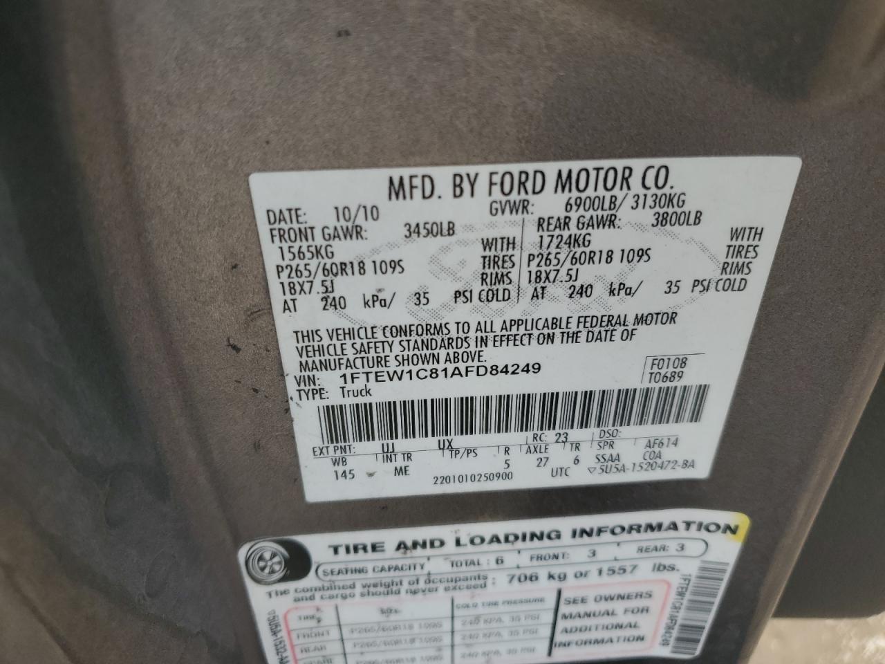 2010 Ford F150 Supercrew VIN: 1FTEW1C81AFD84249 Lot: 66936235