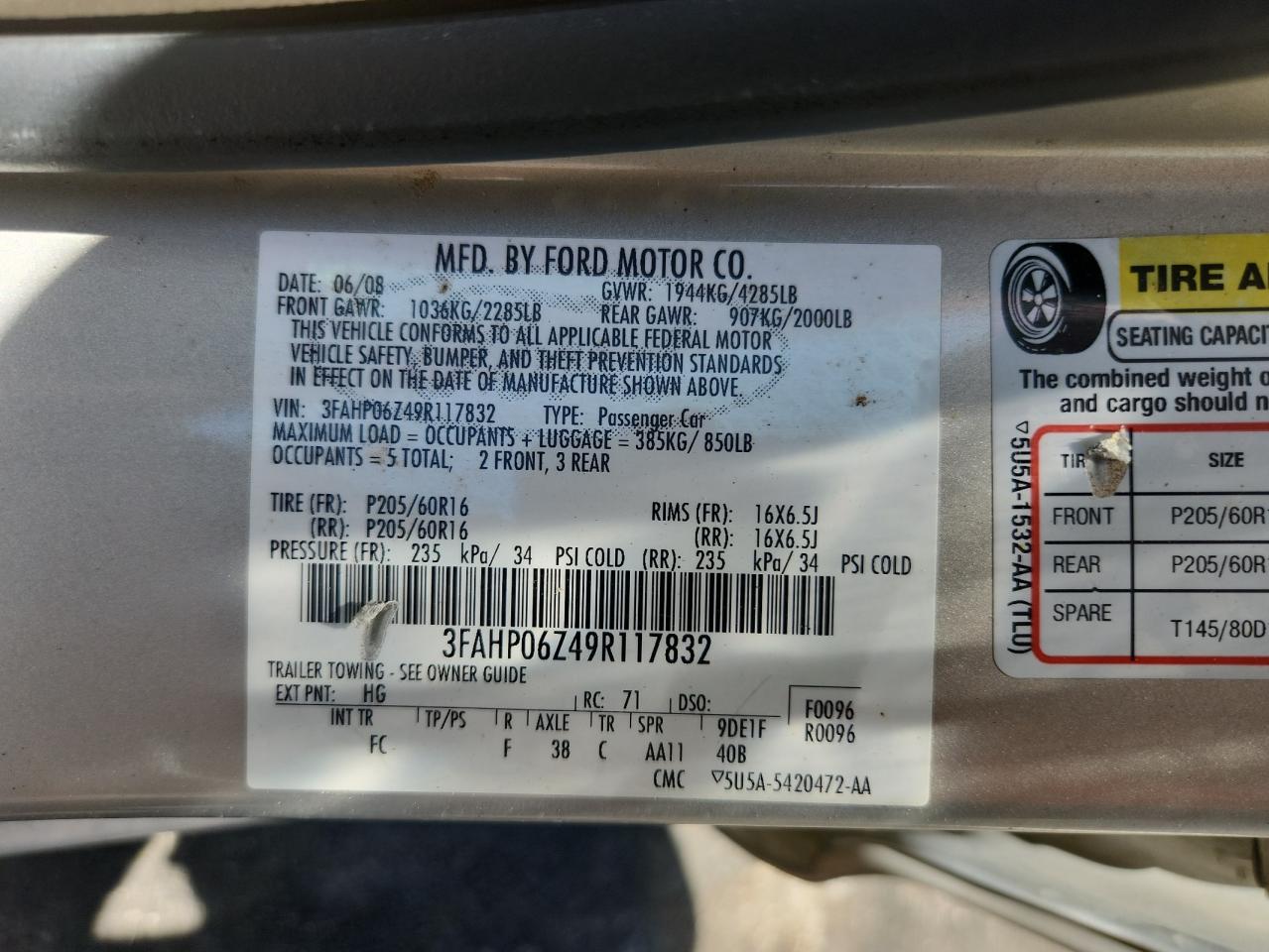 2009 Ford Fusion S VIN: 3FAHP06Z49R117832 Lot: 66928905