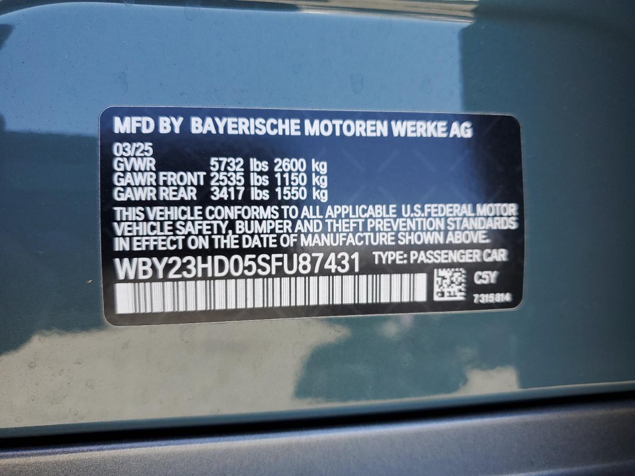 2025 BMW I4 Edrive 40 VIN: WBY23HD05SFU87431 Lot: 70480225