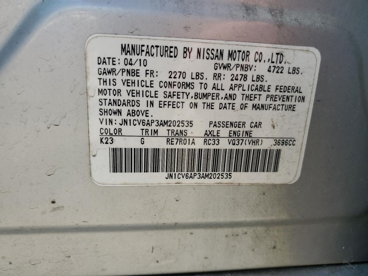 2010 Infiniti G37 Base VIN: JN1CV6AP3AM202535 Lot: 70382185