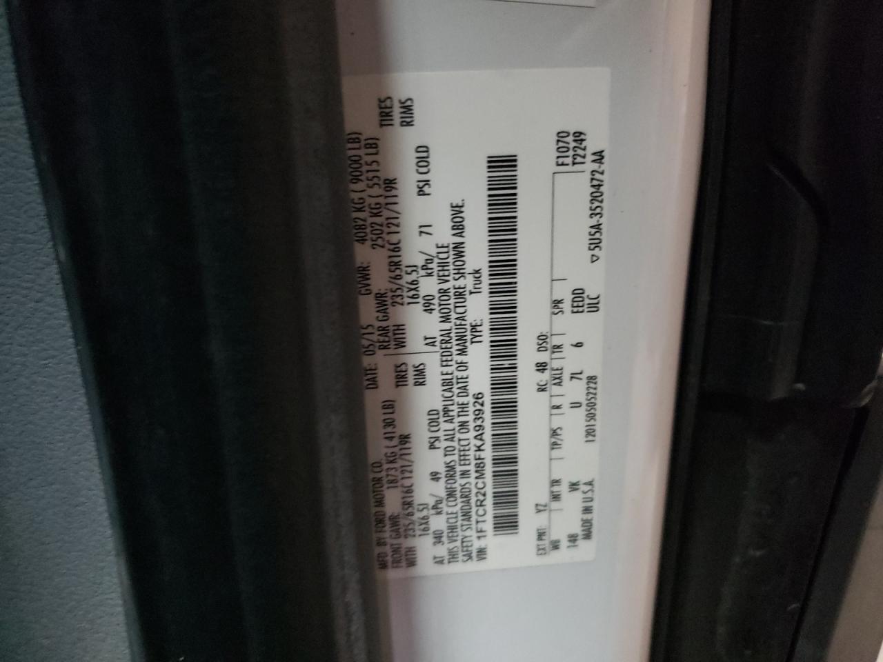 2015 Ford Transit T-250 VIN: 1FTCR2CM8FKA93926 Lot: 68336915