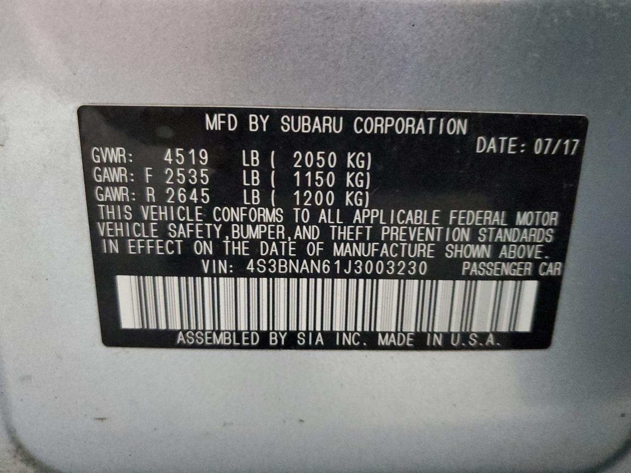 2018 Subaru Legacy 2.5I Limited VIN: 4S3BNAN61J3003230 Lot: 70081595