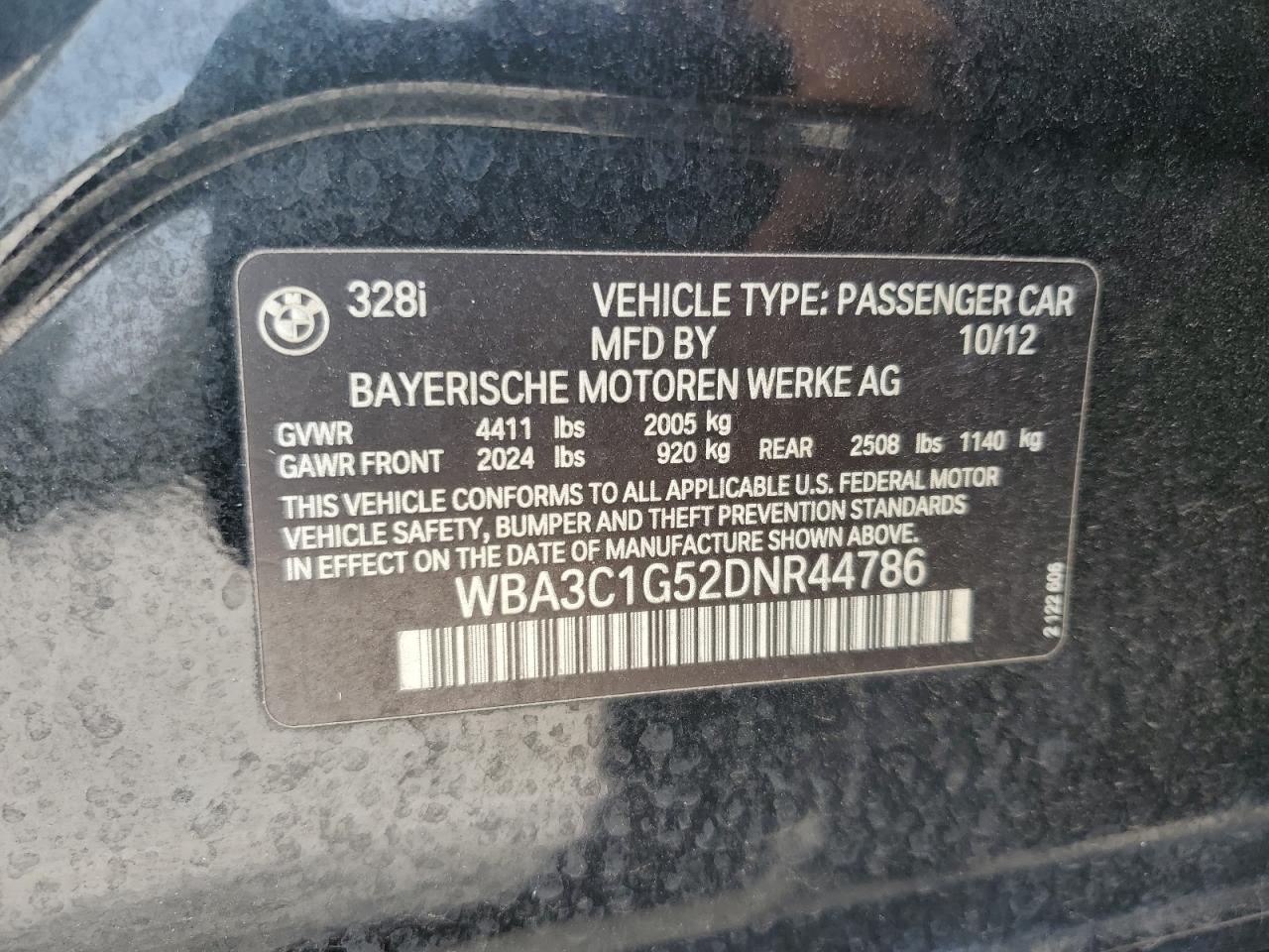 2013 BMW 328 I Sulev VIN: WBA3C1G52DNR44786 Lot: 70262225