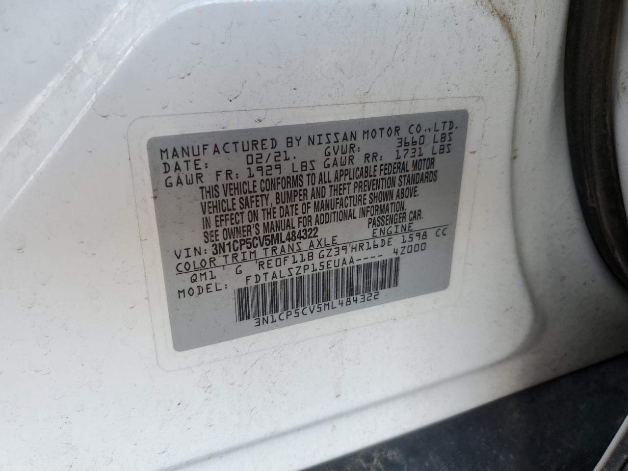 2021 Nissan Kicks Sv VIN: 3N1CP5CV5ML484322 Lot: 70362595
