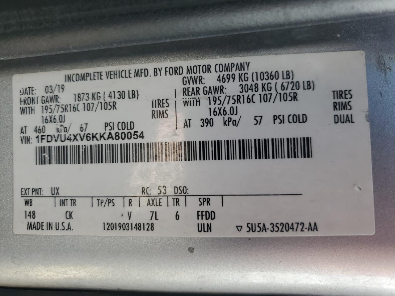 2019 Ford Transit T-350 Hd VIN: 1FDVU4XV6KKA80054 Lot: 68202355