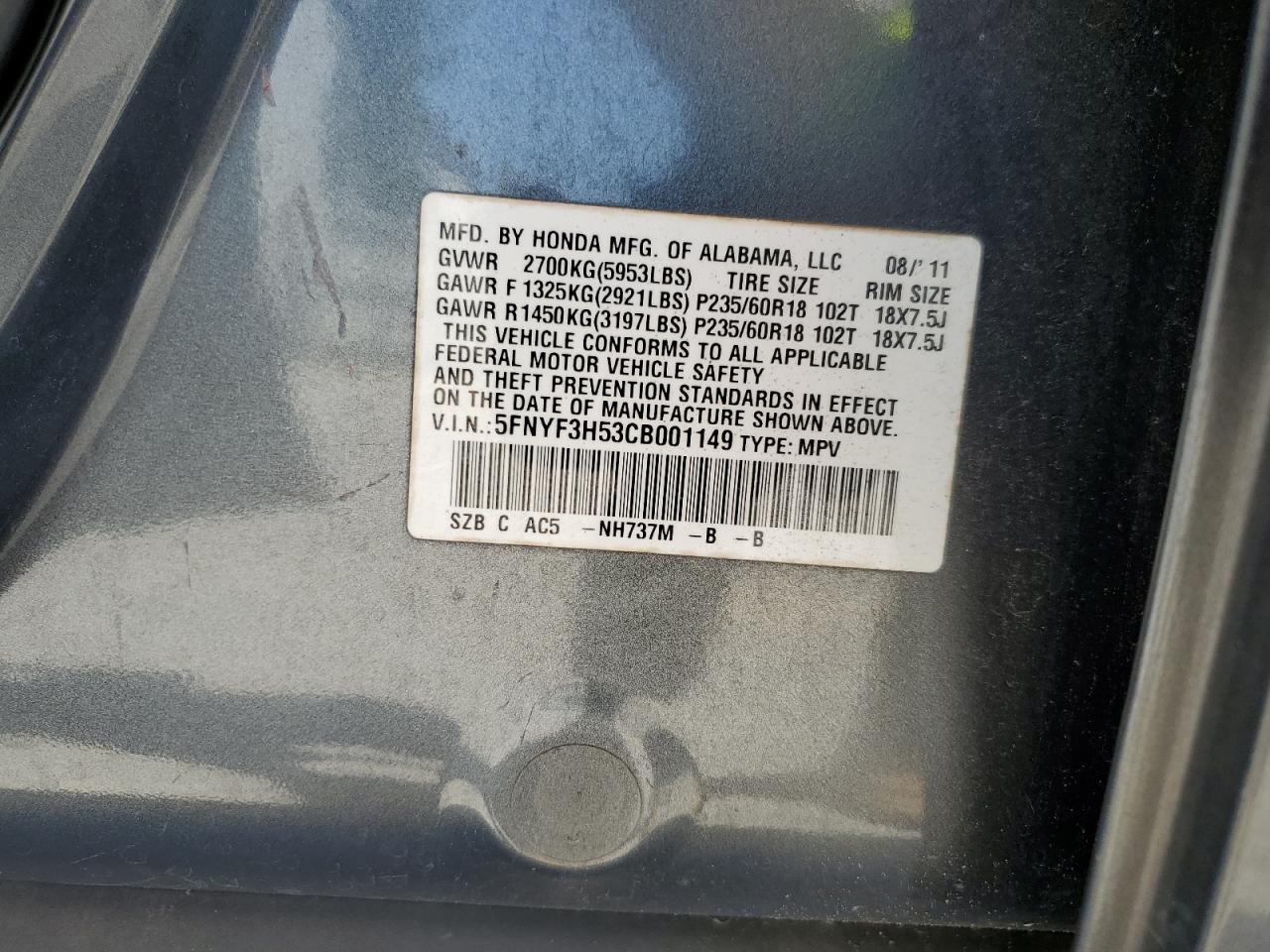 2012 Honda Pilot Exl VIN: 5FNYF3H53CB001149 Lot: 70478745