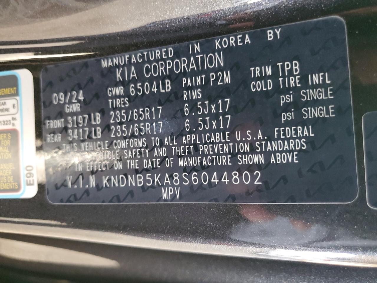2025 Kia Carnival Lxs VIN: KNDNB5KA8S6044802 Lot: 70003255