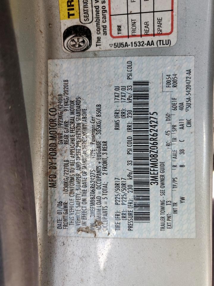 2006 Mercury Milan Premier VIN: 3MEFM08Z06R624275 Lot: 69081045
