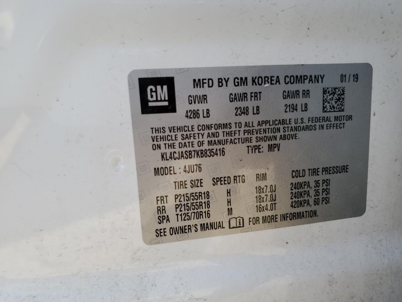 2019 Buick Encore Preferred VIN: KL4CJASB7KB835416 Lot: 68871865