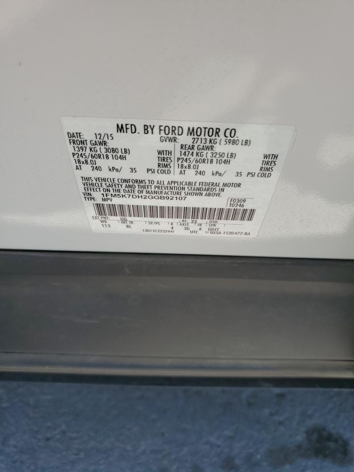 2016 Ford Explorer Xlt VIN: 1FM5K7DH2GGB92107 Lot: 70892845