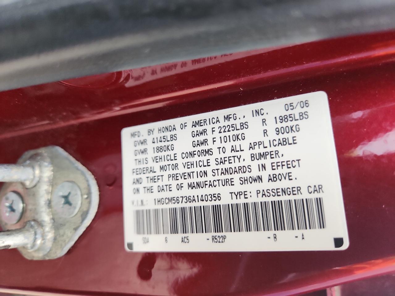 2006 Honda Accord Ex VIN: 1HGCM56736A140356 Lot: 69274955