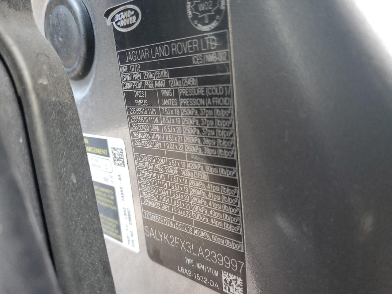 2020 Land Rover Range Rover Velar R-Dynamic S VIN: SALYK2FX3LA239997 Lot: 70332965