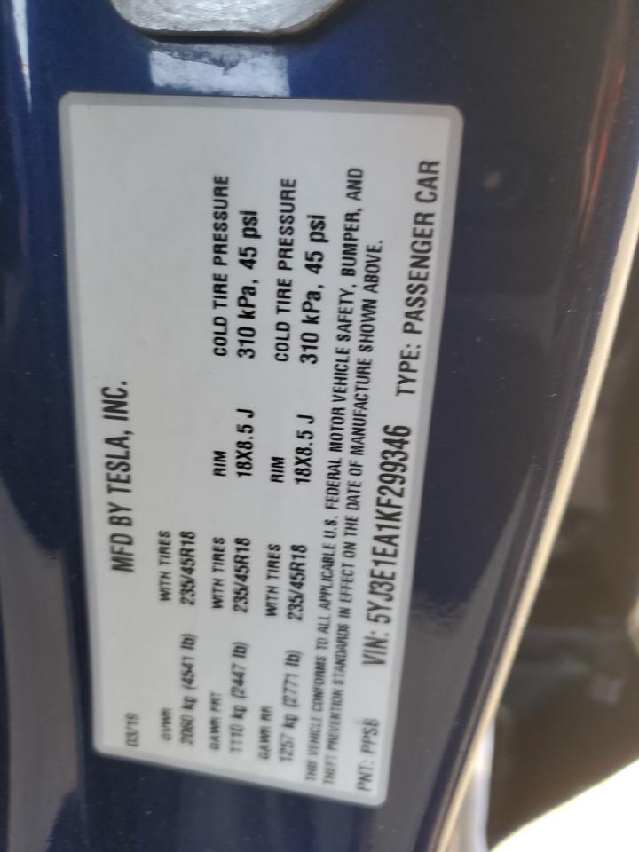 2019 Tesla Model 3 VIN: 5YJ3E1EA1KF299346 Lot: 69819985