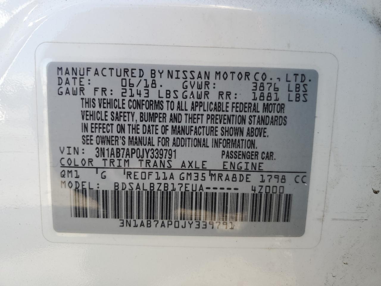 2018 Nissan Sentra S VIN: 3N1AB7AP0JY339791 Lot: 69317635