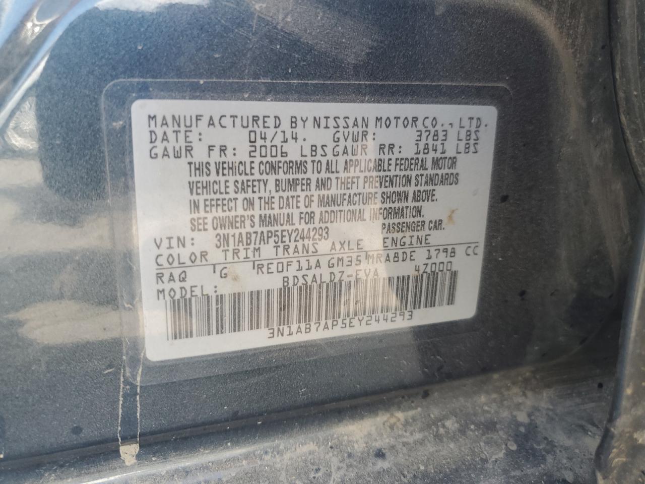 2014 Nissan Sentra S VIN: 3N1AB7AP5EY244293 Lot: 69978295