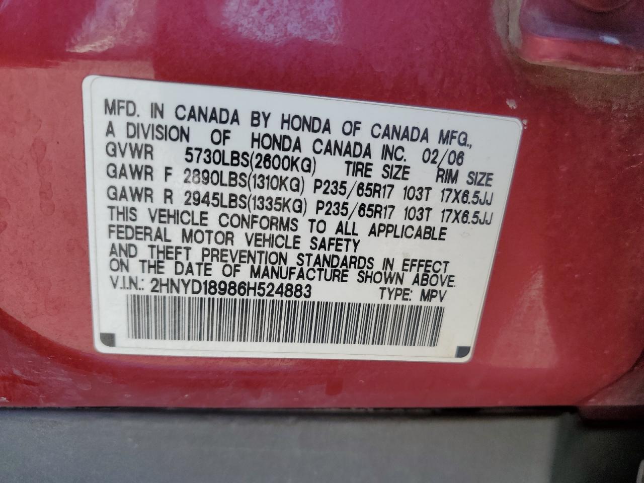 2006 Acura Mdx Touring VIN: 2HNYD18986H524883 Lot: 68220155