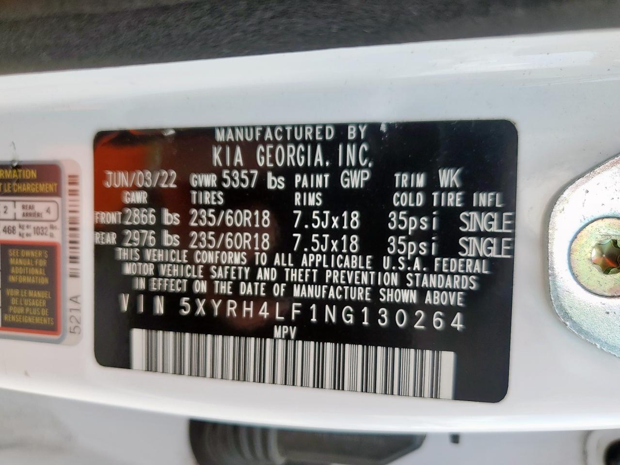 2022 Kia Sorento Ex VIN: 5XYRH4LF1NG130264 Lot: 71054335