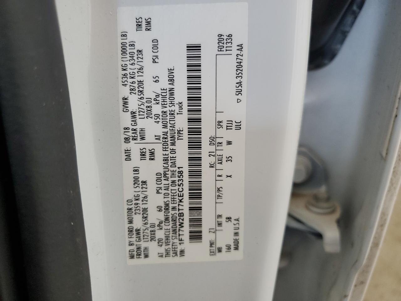 2019 Ford F250 Super Duty VIN: 1FT7W2BT7KEC53581 Lot: 67384105