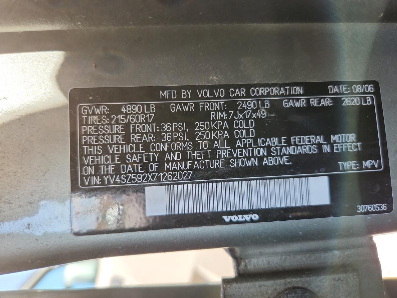 2007 Volvo Xc70 VIN: YV4SZ592X71262027 Lot: 68917925