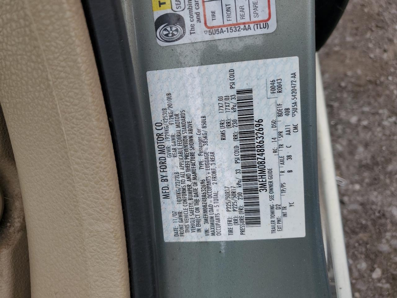 2008 Mercury Milan Premier VIN: 3MEHM08Z48R632696 Lot: 68833905